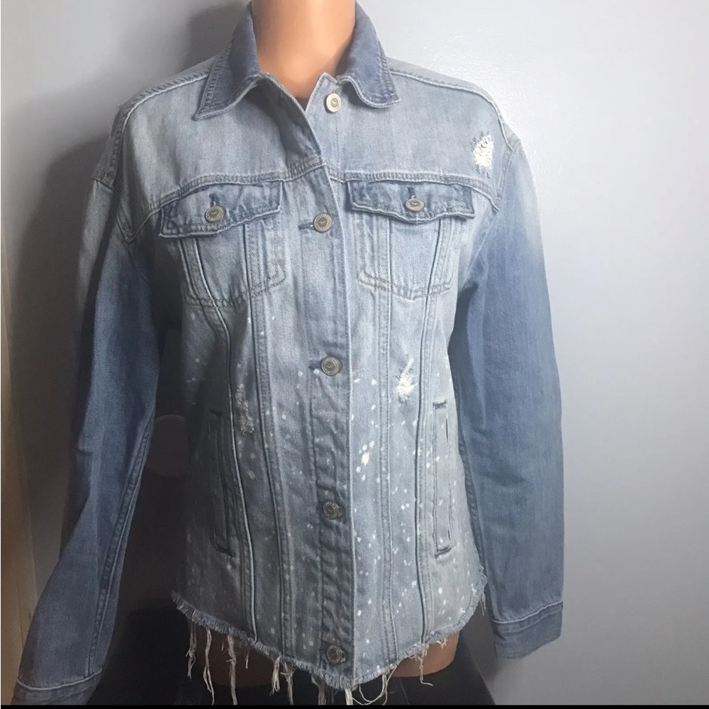 Hollister Womens Trucker Denim Jean Jacket Distressed Destroyed Raw Hem SZ S
